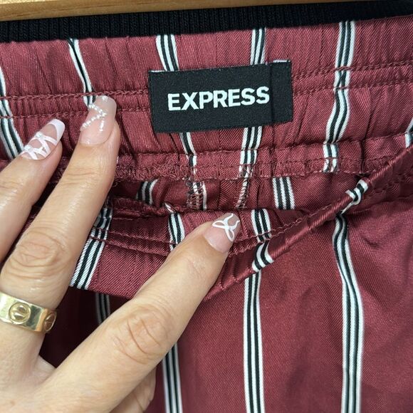 Express Women Pants Wide Leg Burgundy Red White Black Strip Small Stretch Waist - Picture 5 of 8